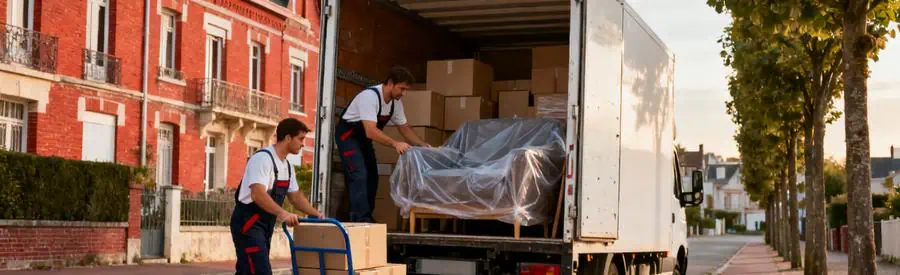 Déménageurs chargeant camion devant immeuble normand à Dieppe avec cartons et meubles protégés