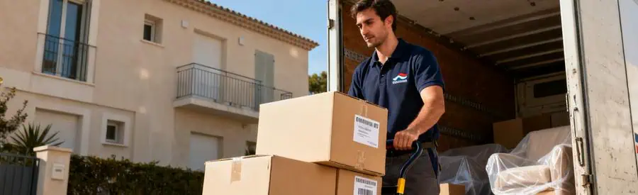 Déménageur chargeant cartons dans camion devant immeuble résidentiel à Draguignan