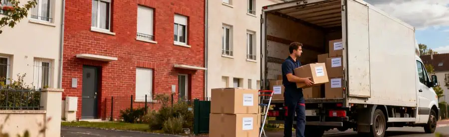Déménageur chargeant cartons dans camion devant immeuble résidentiel du Grand-Quevilly en Normandie