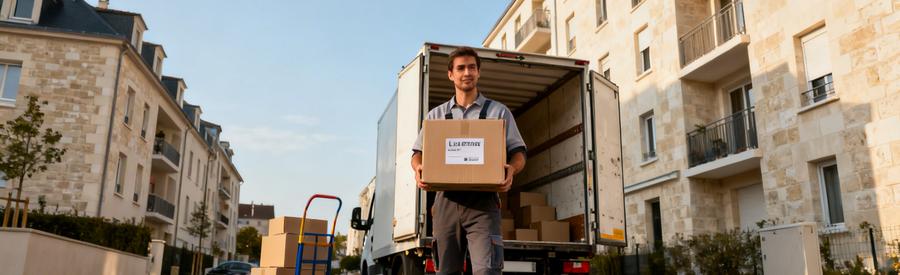 Déménageur chargeant des cartons dans un camion devant un immeuble résidentiel au Creusot en Saône-et-Loire