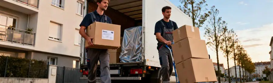 Déménageurs chargeant un camion devant immeuble résidentiel à Belfort pour déménagement local professionnel