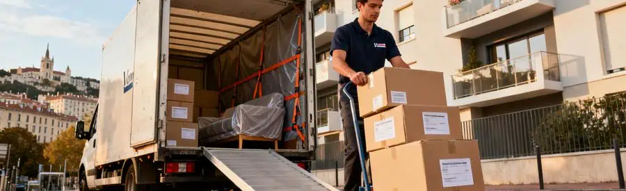 Chargement Camion Demenagement Lyon 9eme Vaise Déménageur chargeant cartons dans camion devant immeuble moderne Lyon 9ème arrondissement quartier Vaise