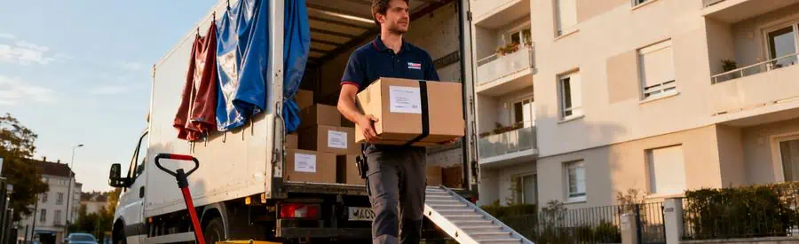 Déménageur chargeant des cartons dans un camion devant un immeuble résidentiel à Mâcon