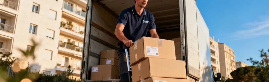 Déménageur chargeant des cartons dans un camion devant un immeuble du 9ème arrondissement de Marseille