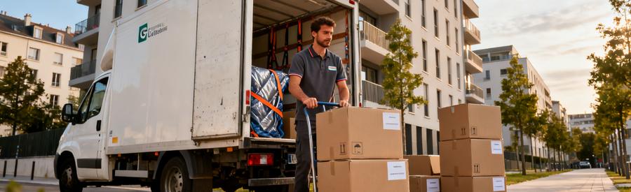 Déménageur chargeant cartons dans camion devant immeuble résidentiel à Rillieux-la-Pape avec diable et équipements