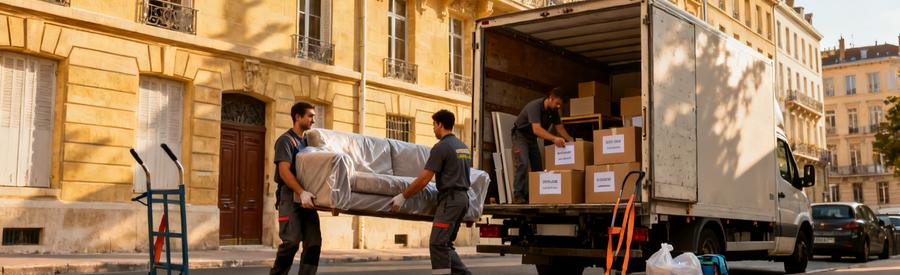 Déménageurs chargeant mobilier varié dans camion, rue résidentielle Lyon avec immeubles pierre blonde typiques