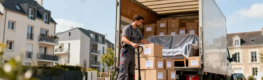 Déménageur chargeant cartons dans camion devant immeuble à Saint-Étienne-du-Rouvray