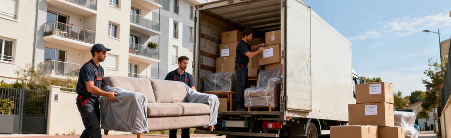 Déménageurs chargeant mobilier et cartons dans camion devant immeuble à Saint-Priest illustrant volume déménagement