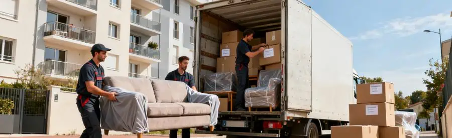 Chargement Camion Demenagement Saint Priest Volume Déménageurs chargeant mobilier et cartons dans camion devant immeuble à Saint-Priest illustrant volume déménagement