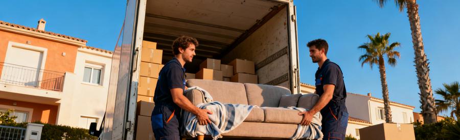 Chargement Demenagement Residence Canet Roussillon Déménageurs chargeant un canapé protégé dans camion devant résidence méditerranéenne à Canet-en-Roussillon