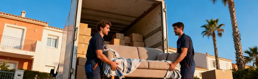 Chargement Demenagement Residence Canet Roussillon Déménageurs chargeant un canapé protégé dans camion devant résidence méditerranéenne à Canet-en-Roussillon