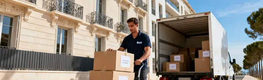 Déménageur chargeant cartons dans camion devant immeuble du 8ème arrondissement marseillais avec diable