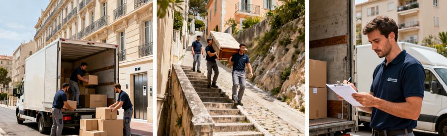 Trois situations de déménagement à Marseille 7ème montrant différences d'accessibilité impactant les tarifs