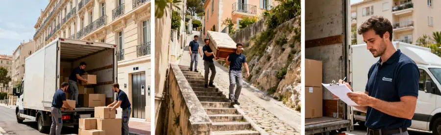Trois situations de déménagement à Marseille 7ème montrant différences d'accessibilité impactant les tarifs