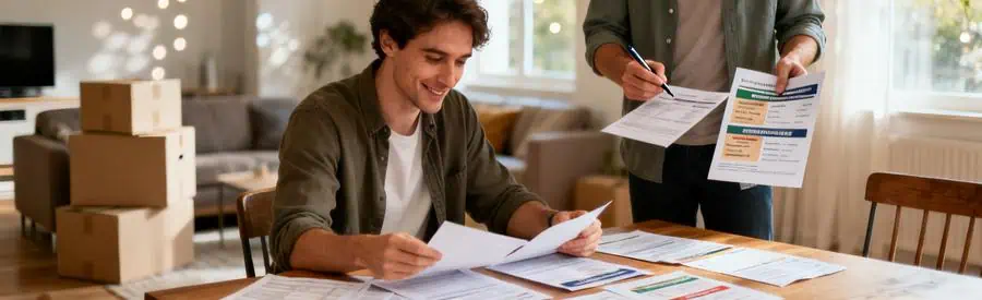 Personne comparant plusieurs offres de déménagement sur documents papier dans un salon à Albi