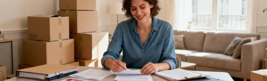 Personne comparant plusieurs offres de déménagement sur table avec cartons en arrière-plan à Auxerre