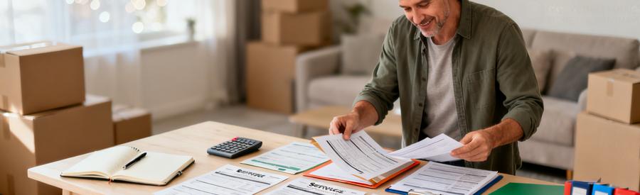 Personne comparant plusieurs offres de déménagement sur documents papier dans salon à Belfort