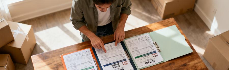 Comparaison Offres Demenagement Bron Tarifs Personne comparant trois offres de déménagement sur documents papier dans un salon à Bron avec cartons