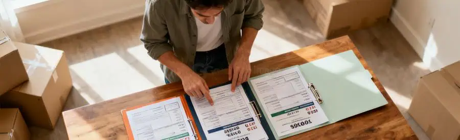 Personne comparant trois offres de déménagement sur documents papier dans un salon à Bron avec cartons