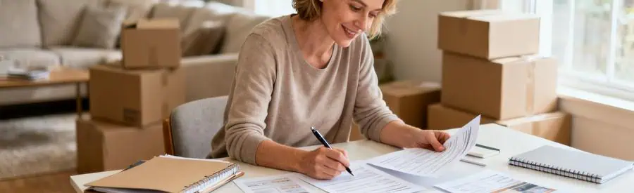 Personne comparant plusieurs offres de déménagement sur documents papier dans salon avec cartons en arrière-plan