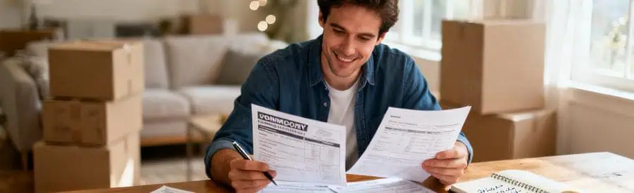 Personne comparant plusieurs offres de déménagement sur documents papier dans un salon à Châtellerault