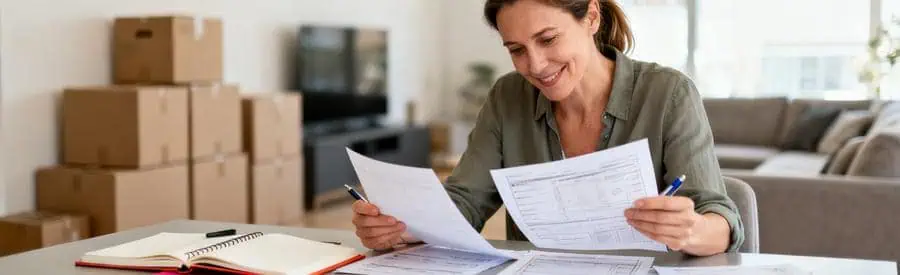 Comparaison Offres Demenagement Epinal Personne comparant plusieurs offres de déménagement sur documents papier dans salon avec cartons