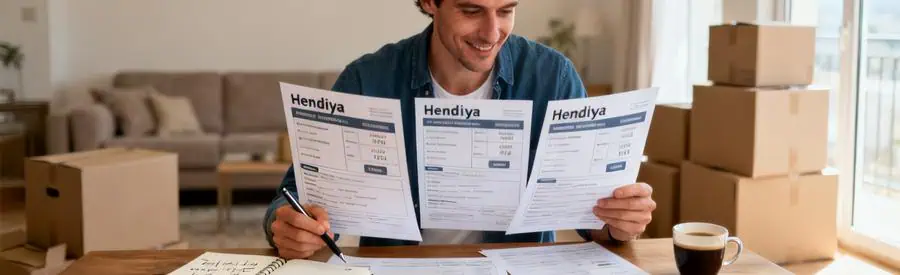 Personne comparant trois offres de déménagement sur table avec documents papier et notes à Hendaye