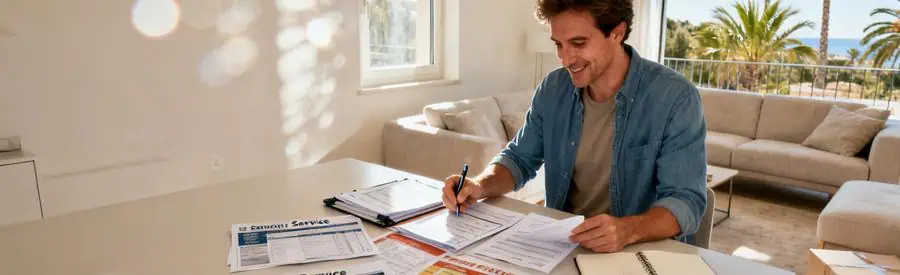 Comparaison Offres Demenagement Hyeres Economies Personne comparant plusieurs offres de déménagement sur documents papier dans un salon à Hyères