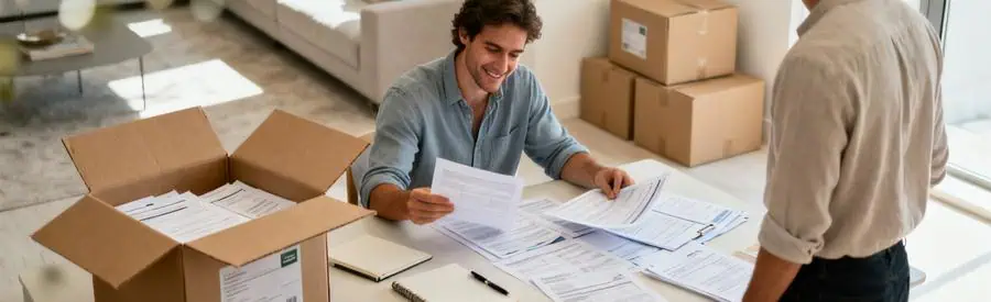 Personne comparant plusieurs offres de déménagement sur documents papier dans un salon moderne à La Garde