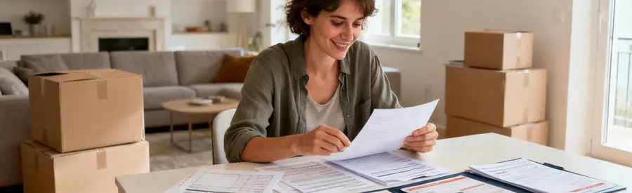 Comparaison Offres Demenagement La Roche Sur Yon Personne comparant plusieurs offres de déménagement sur documents papier dans un salon à La Roche-sur-Yon