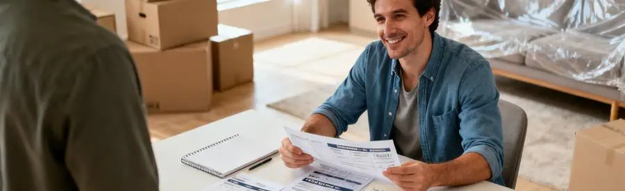 Personne comparant plusieurs offres de déménagement sur documents papier dans salon avec cartons en arrière-plan
