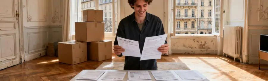 Personne comparant plusieurs offres de déménagement dans appartement typique du Vieux Lyon 5ème arrondissement