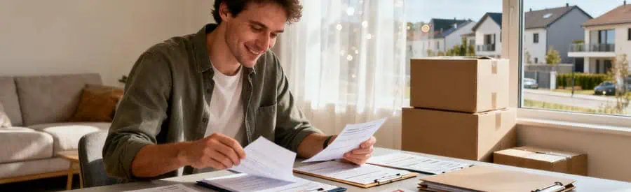 Personne comparant plusieurs offres de déménagement sur table avec cartons en arrière-plan à Mâcon