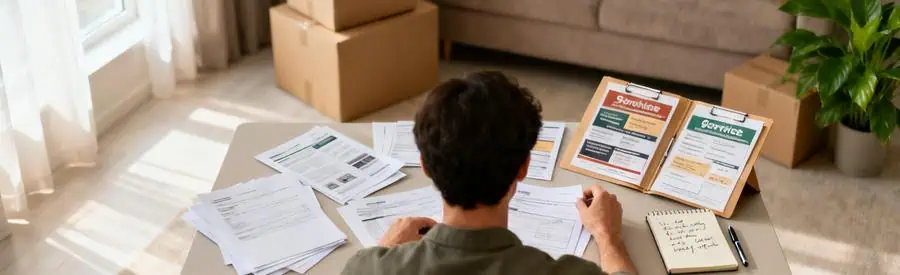 Comparaison Offres Demenagement Montauban Domicile Personne comparant plusieurs offres de déménagement sur documents papier dans salon avec cartons en arrière-plan