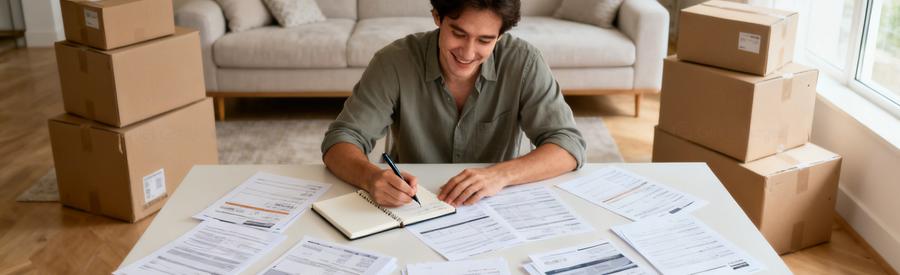 Comparaison Offres Demenagement Pertuis Domicile Personne comparant plusieurs offres de déménagement sur documents papier dans son salon à Pertuis