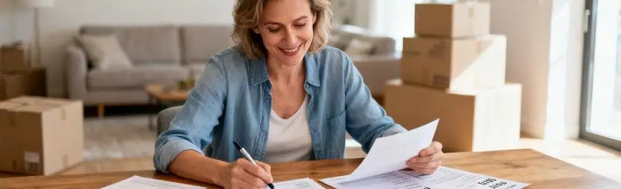 Personne comparant plusieurs offres de déménagement sur documents papier dans appartement Rillieux-la-Pape