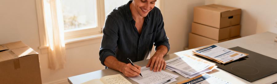 Personne comparant tranquillement plusieurs offres de déménagement sur documents papier à La Roche-sur-Yon