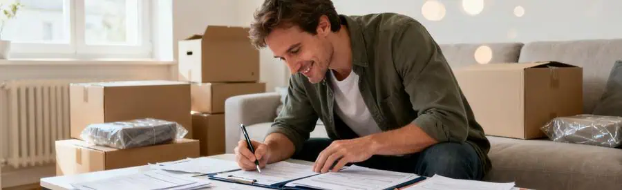 Personne comparant plusieurs offres de déménagement sur documents papier dans salon à Saint-Étienne-du-Rouvray