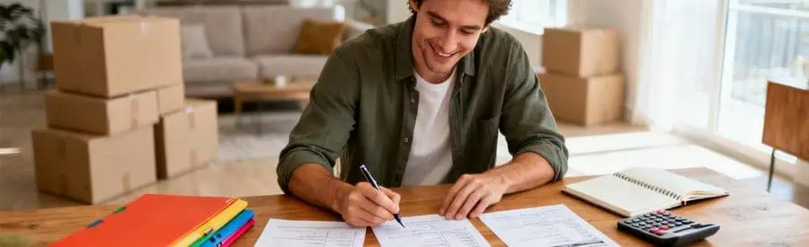 Comparaison Offres Demenagement Saint Jean De Luz Personne comparant plusieurs offres de déménagement sur documents papier dans salon moderne à Saint-Jean-de-Luz