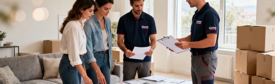 Couple comparant plusieurs offres papier de déménagement avec un professionnel à Saint-Priest
