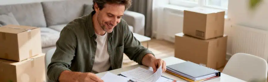 Personne comparant plusieurs offres de déménagement sur documents papier dans salon avec cartons en arrière-plan
