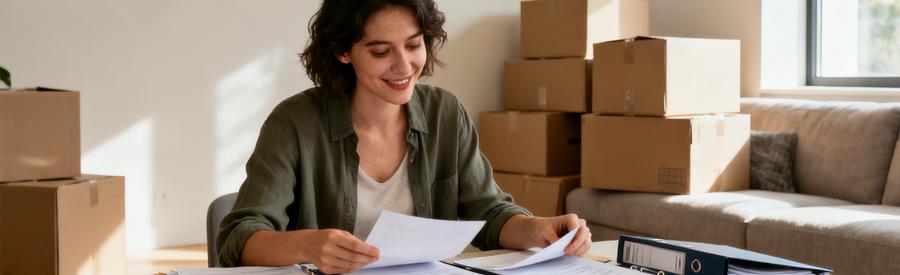 Comparaison Offres Demenagement Vaucluse 84 Personne comparant plusieurs offres de déménagement sur documents papier dans salon avec cartons en arrière-plan