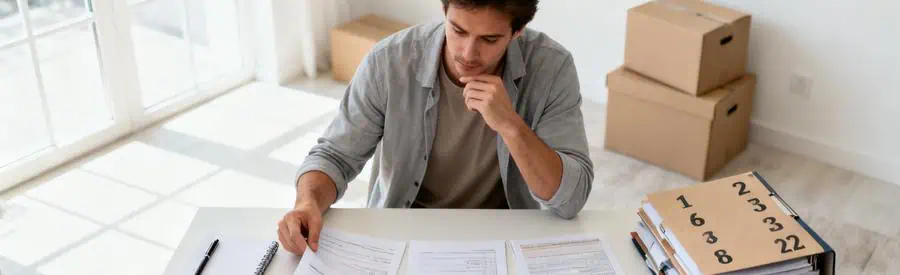 Personne comparant plusieurs offres de déménageurs sur documents papier dans salon avec cartons en arrière-plan