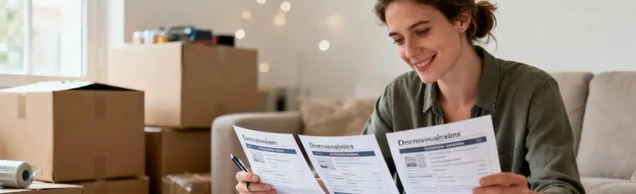 Comparaison Offres Demenageurs Bayonne Personne comparant trois offres de déménageurs sur table avec cartons en arrière-plan à Bayonne