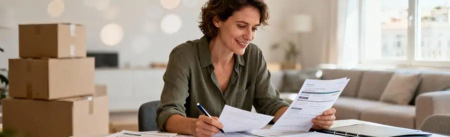 Personne comparant plusieurs offres de déménageurs sur documents papier dans salon avec cartons en arrière-plan