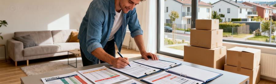 Personne comparant plusieurs offres de déménageurs sur documents papier à Caluire-et-Cuire