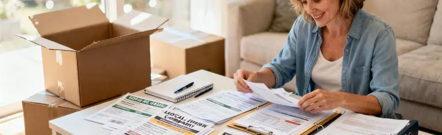 Personne comparant plusieurs offres de déménageurs sur documents papier dans salon avec cartons en arrière-plan