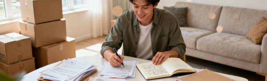 Comparaison Offres Demenageurs Castres Tarn Personne comparant plusieurs offres de déménageurs à Castres sur documents papier dans son salon