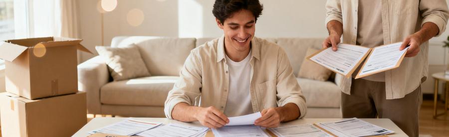 Personne comparant plusieurs offres de déménageurs sur documents papier dans salon avec cartons en arrière-plan