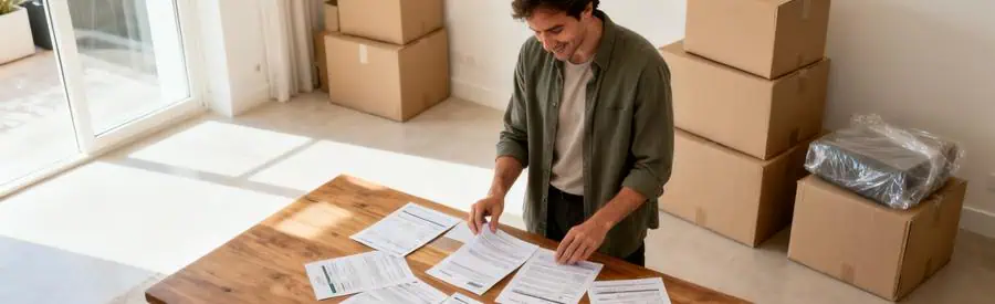 Personne comparant plusieurs offres de déménageurs à Draguignan avec cartons en arrière-plan